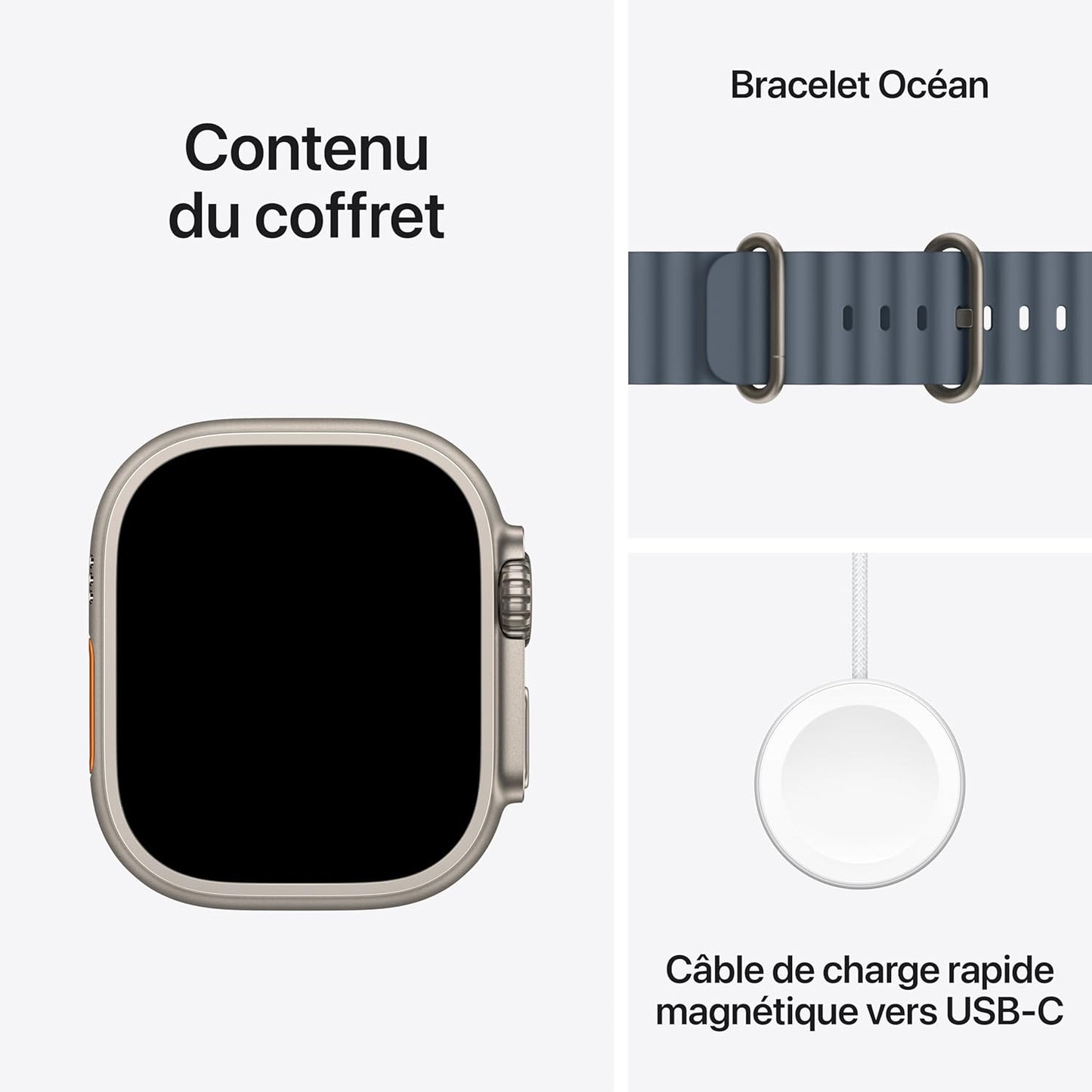 Apple Watch Ultra 3 GPS + Cellular, Boîtier en Titane Naturel de 49 mm, Bracelet Océan Bleu Maritime One Size - Poignet de 130 à 200 mm