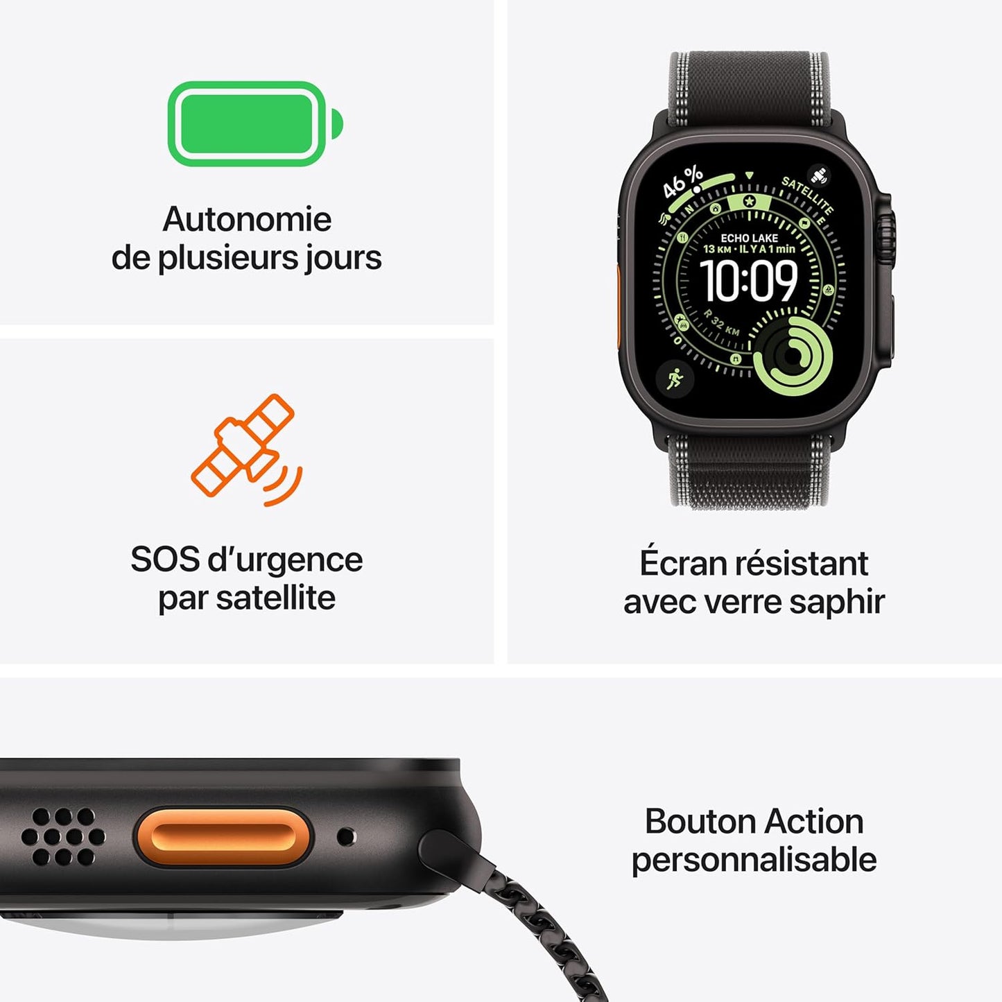 Apple Watch Ultra 3 GPS + Cellular, Boîtier en Titane Naturel de 49 mm, Bracelet Océan Bleu Maritime One Size - Poignet de 130 à 200 mm