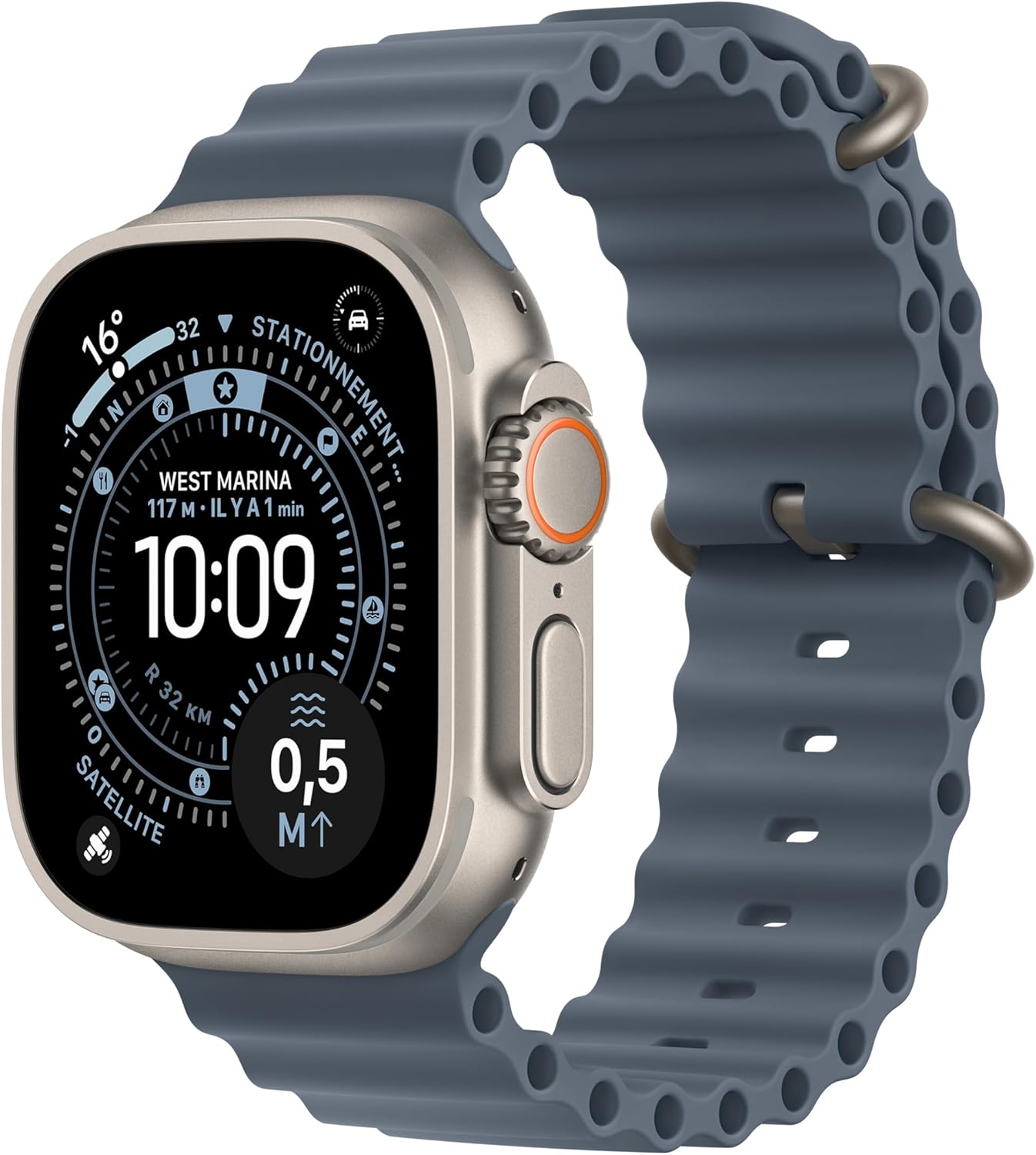 Apple Watch Ultra 3 GPS + Cellular, Boîtier en Titane Naturel de 49 mm, Bracelet Océan Bleu Maritime One Size - Poignet de 130 à 200 mm