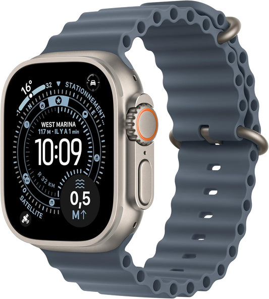 Apple Watch Ultra 3 GPS + Cellular, Boîtier en Titane Naturel de 49 mm, Bracelet Océan Bleu Maritime One Size - Poignet de 130 à 200 mm