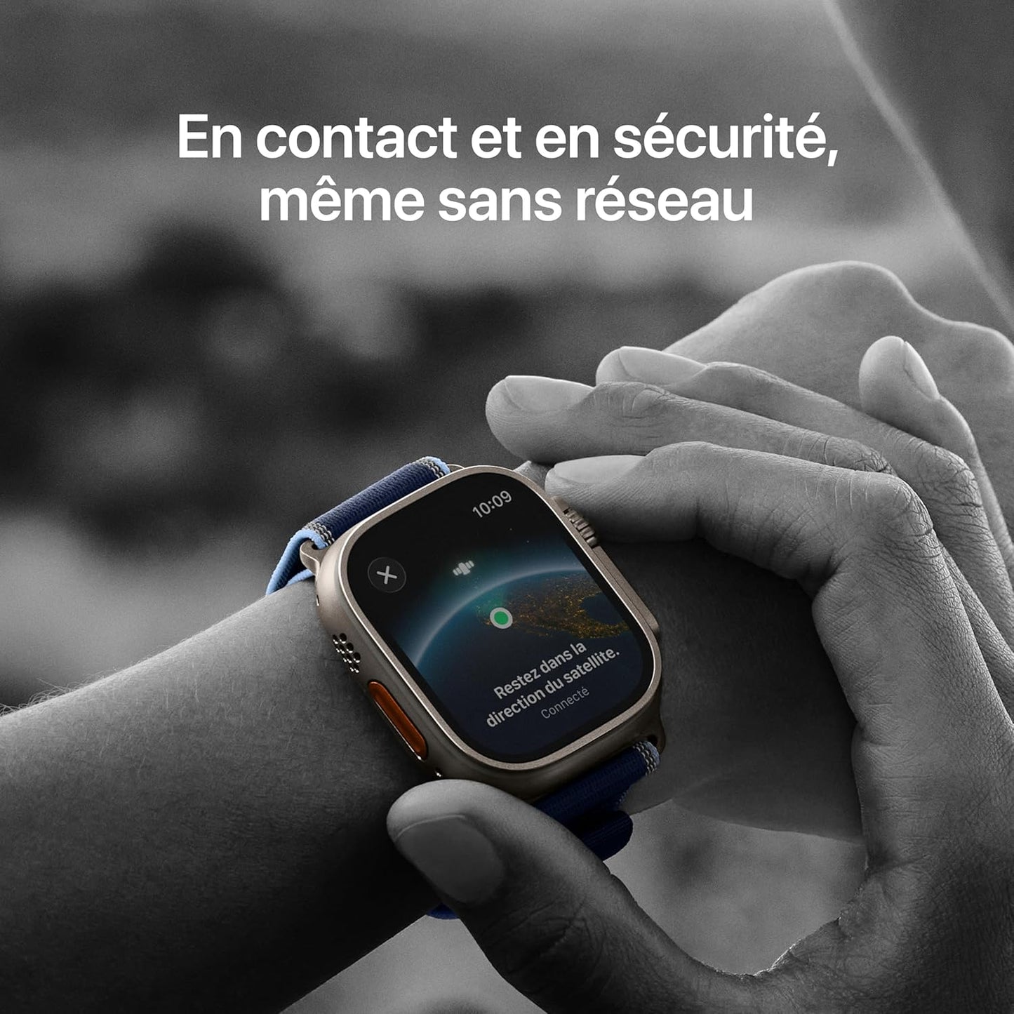 Apple Watch Ultra 3 GPS + Cellular, Boîtier en Titane Naturel de 49 mm, Bracelet Océan Bleu Maritime One Size - Poignet de 130 à 200 mm