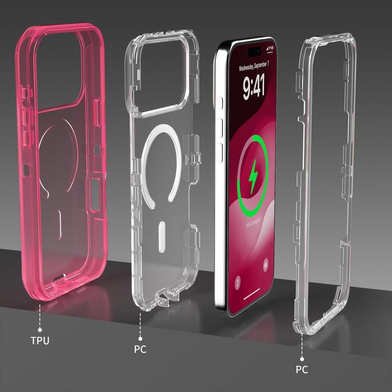 3 Layer Case for Iphone 17 Pro Max 17 Air 16 15 14 13 Pro Max, Magnetic Magsafe Defender Case, Hybrid Heavy Duty Shockproof Case, Transparent Clear Cover